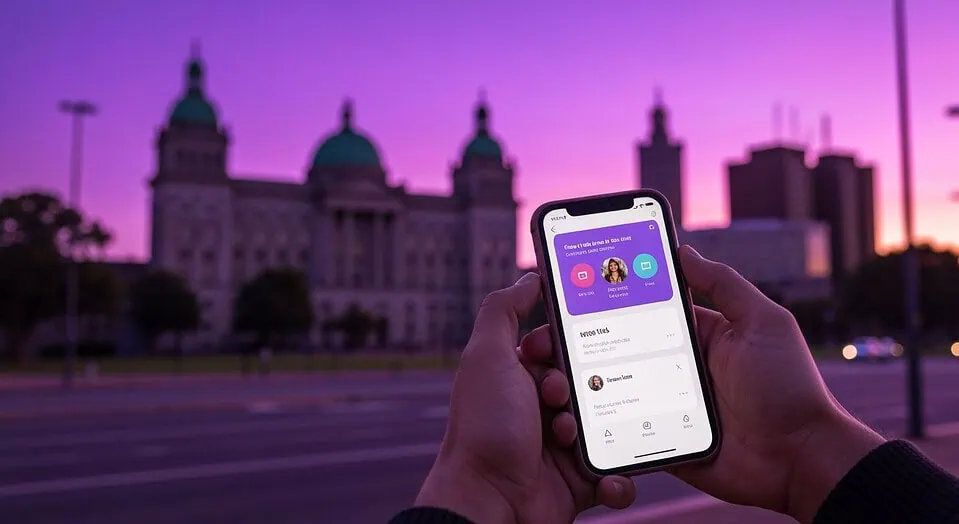 A person using a dating app on a smartphone with the Pretoria city skyline and sunset in the background.