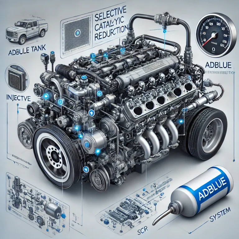 modern diesel engine with an AdBlue system, showing the AdBlue tank, injector, and SCR (Selective Catalytic Reduction) system.