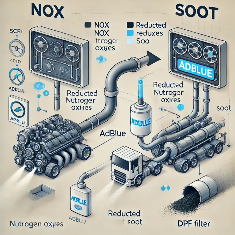 Comparison of two diesel exhaust systems showing AdBlue reducing NOx but not removing soot particles from diesel engines