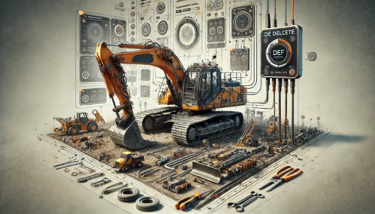 Construction machine with DEF Delete Emulator device attached, on industrial site