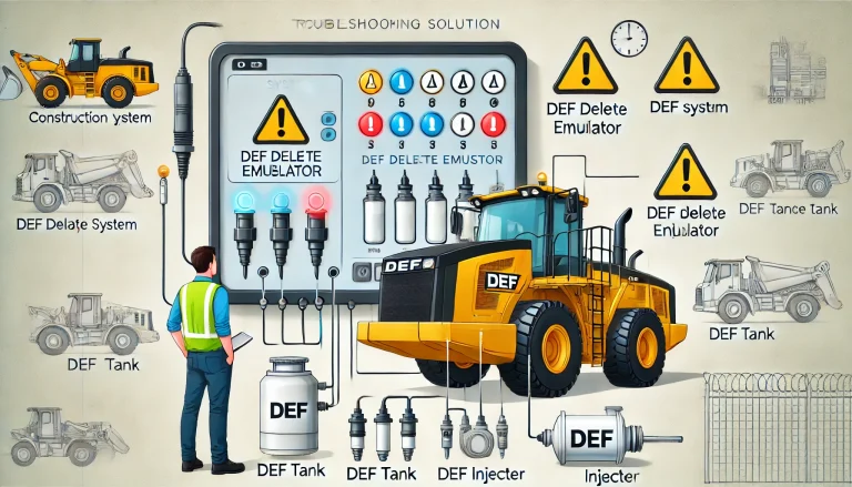 Technician diagnosing DEF system faults on construction equipment with DEF Delete Emulator device as solution