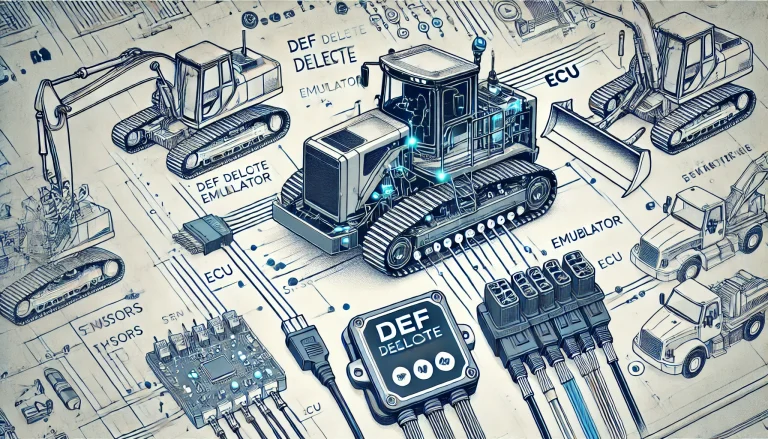 Technical diagram of DEF Delete Emulator connected to diesel machine ECU with digital signals and DEF system bypass