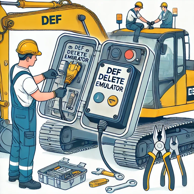 technician installing a DEF Delete Emulator on a construction machine in a workshop or job site