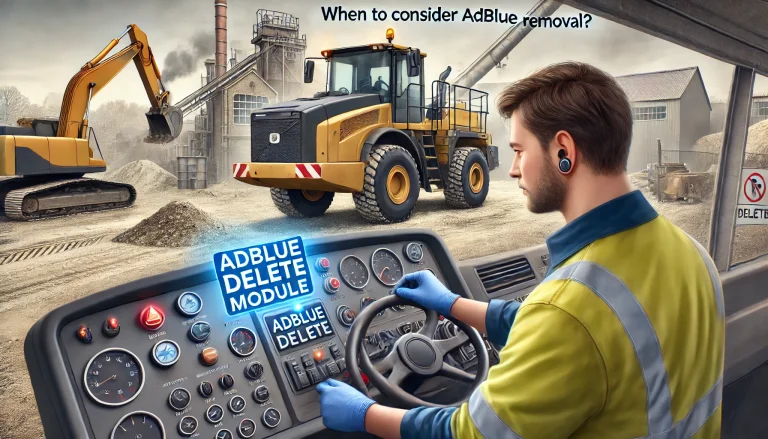 Diesel equipment showing AdBlue warning, technician installing AdBlue delete system