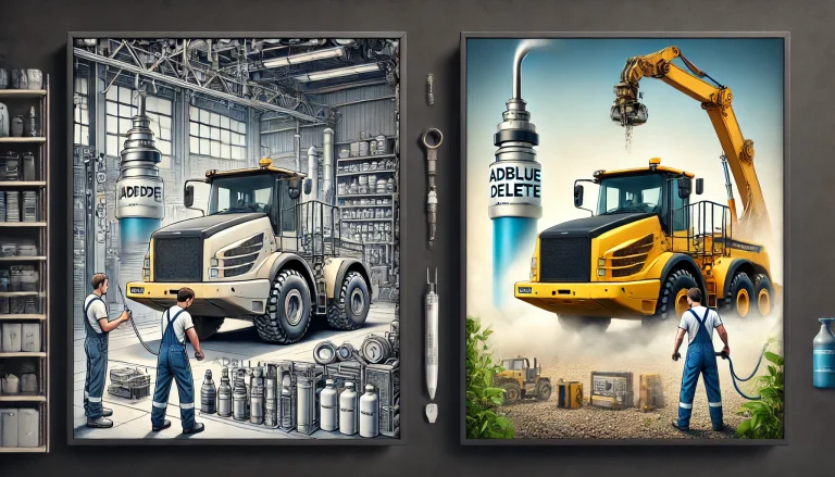 Technician comparing AdBlue delete and repair options on construction equipment