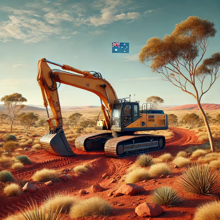 Excavator working in the Australian Outback with DEF delete installed, operating on red soil with a distant kangaroo and blue sky in the background