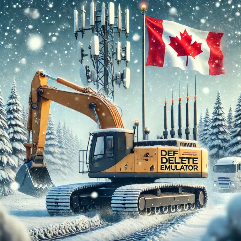 Heavy-duty excavator operating in snowy Canadian conditions with a DEF delete emulator, showcasing reliable off-road performance without AdBlue faults