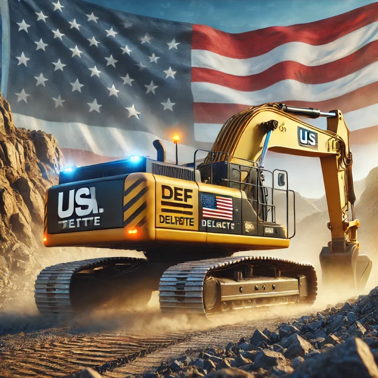 American construction excavator operating smoothly with DEF delete emulator on a dusty job site, representing reliable off-road equipment performance in the USA