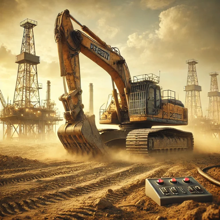 Excavator operating in a dusty oilfield with oil rigs in the background, representing DEF delete solutions for the oil and gas industry