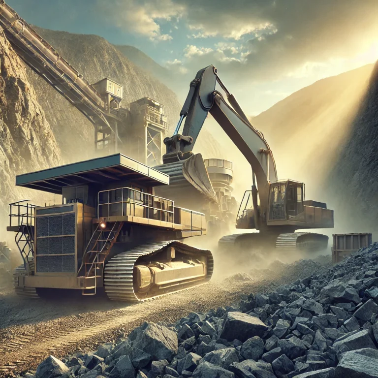 Excavator and heavy-duty crusher working in a dusty quarry, representing AdBlue delete solutions for quarry and aggregate equipment