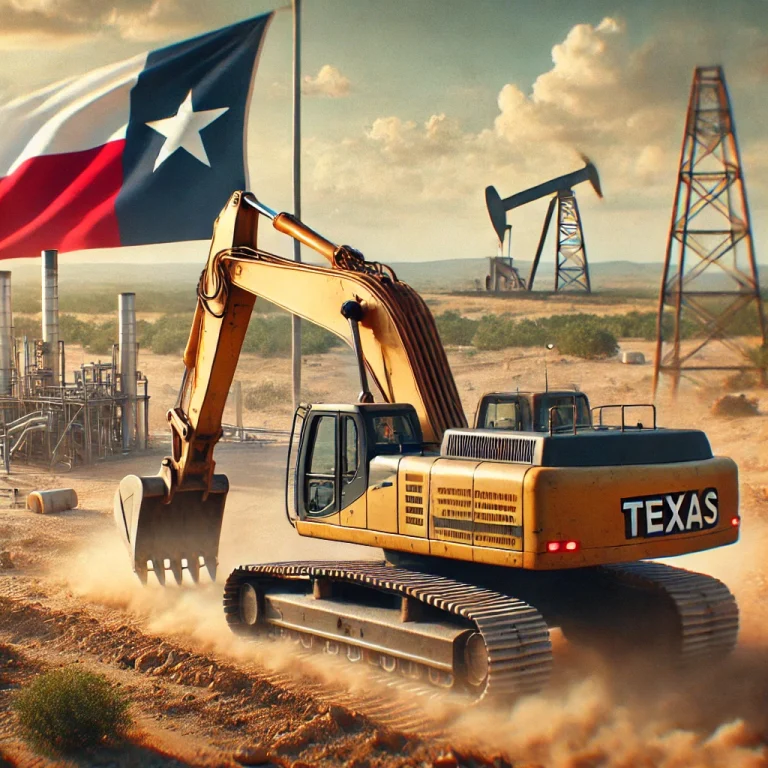 Construction excavator operating on a dry Texas job site with DEF delete emulator, oil rig and Texas flag in background