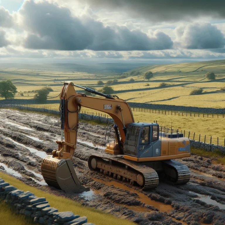 Excavator operating in the muddy UK countryside on a cloudy day, representing DEF delete use in British construction and farming conditions