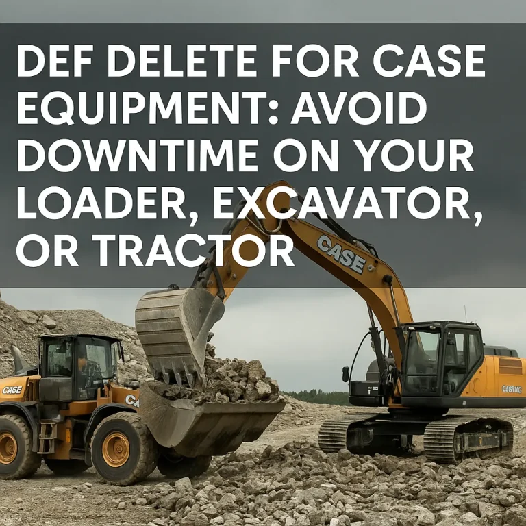 CASE excavator and loader operating at a quarry, promoting DEF delete for CASE equipment