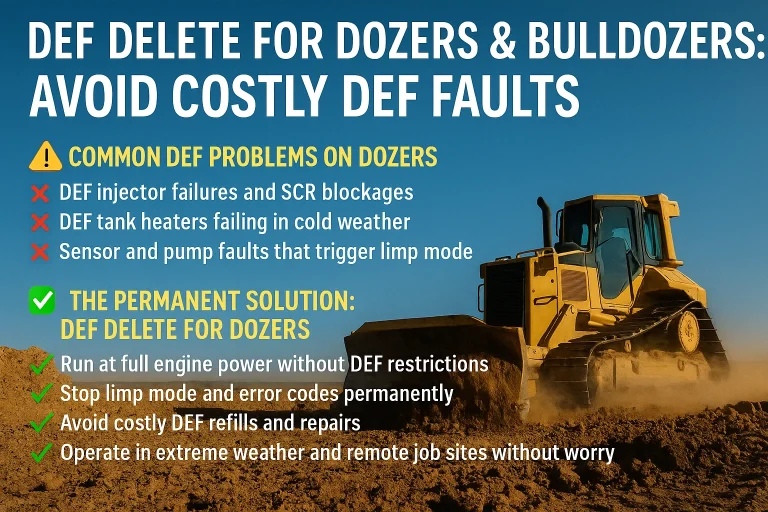 Bulldozer operating smoothly on a construction site after DEF delete installation