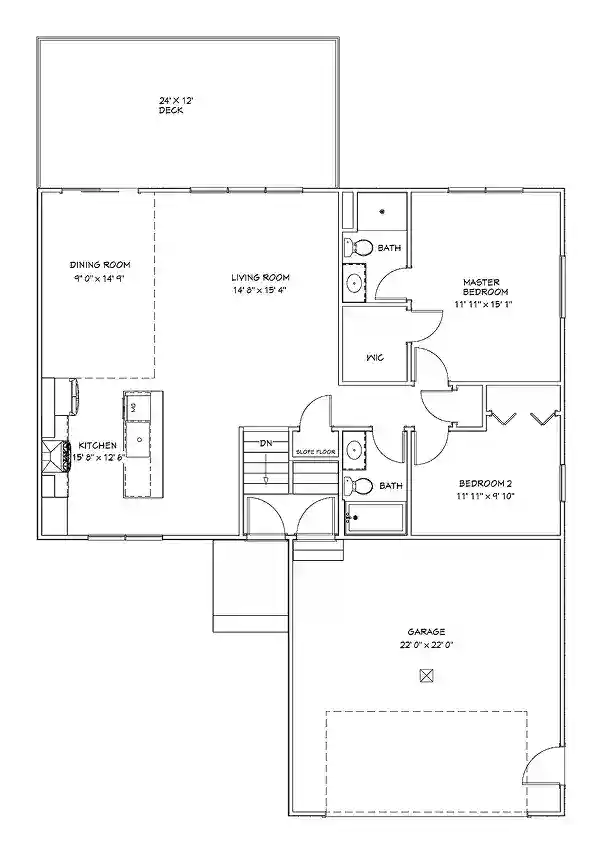 Detailed floor plan of a custom home by BuildWest with 2 bedrooms and garage.