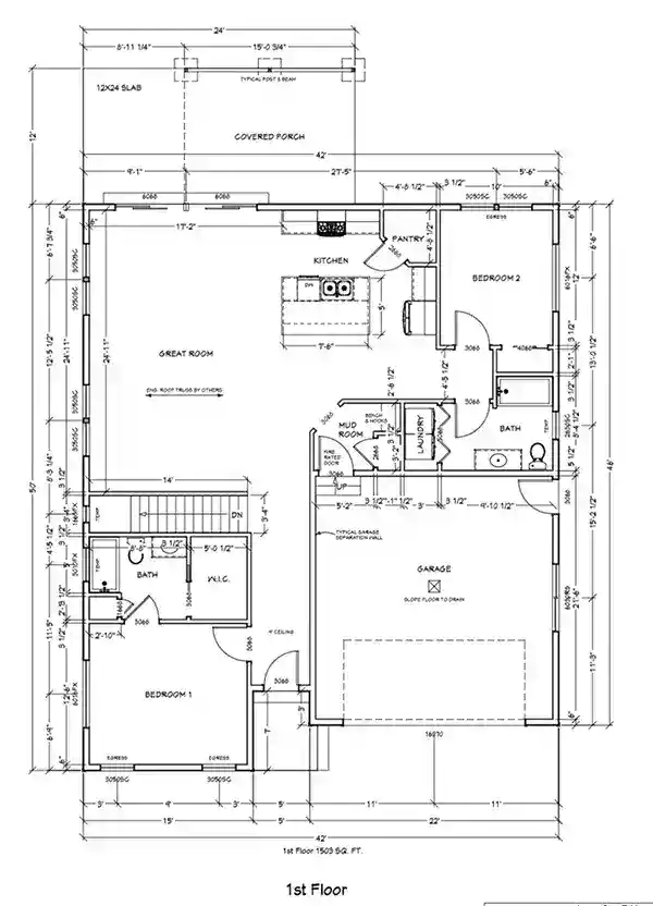 Detailed floor plan of a custom home by BuildWest Custom Homes.