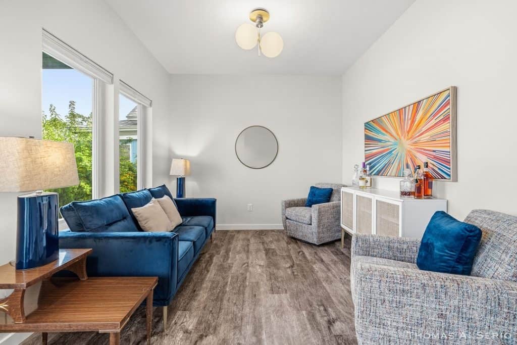 Spacious living room with blue and gray sofas, large windows, and contemporary decor.