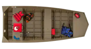 Aluminum boat fishing gear storage with life jackets, tackle boxes, and fishing rods.