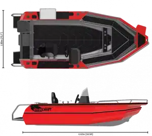 Red and black StabiCraft 1450 Frontier Sportfish boat from above and side view.