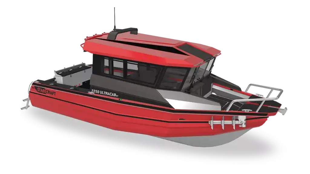 Red and black StabiCraft 2250 UltraCab walk through boat on water.