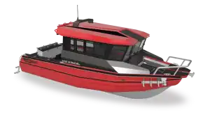 Red and black StabiCraft 2250 UltraCab walk through boat on water.
