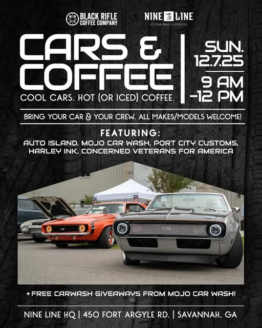 Cars & Coffee event at Nine Line HQ in Savannah, GA on December 7, 2025