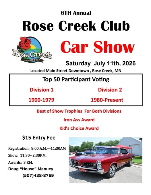 Rose Creek Club Car Show event at Main Street Downtown in Rose Creek, MN on July 11, 2026