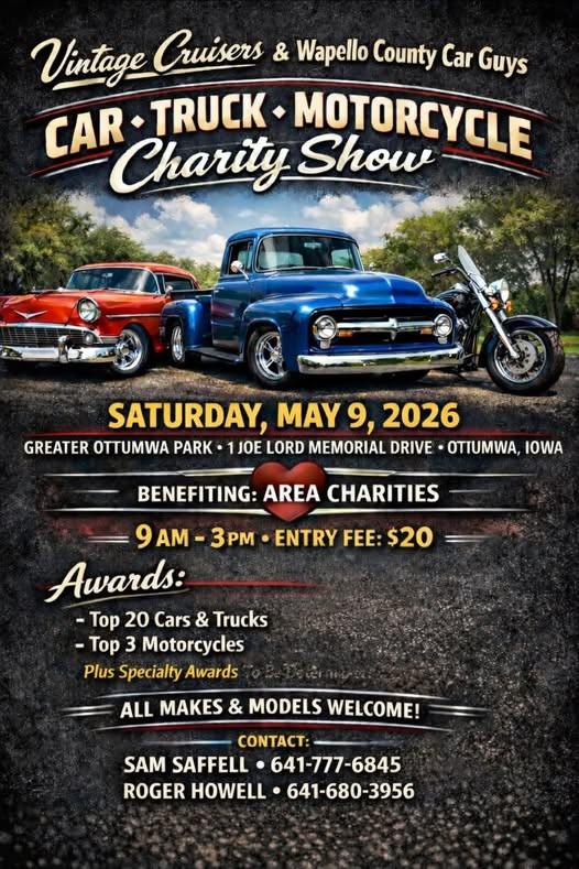 Vintage Cruisers & Wapello County Car Guys Car Truck Motorcycle Charity Show event at Greater Ottumwa Park in Ottumwa, IA on May 9, 2026