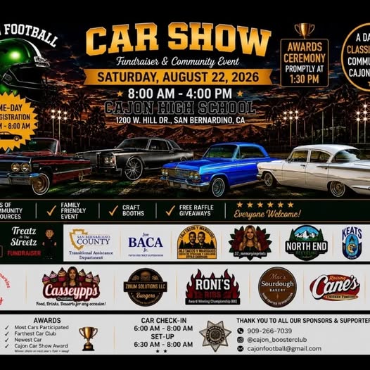Cajon High School Football Car Show event at Cajon High School in San Bernardino, CA on August 22, 2026