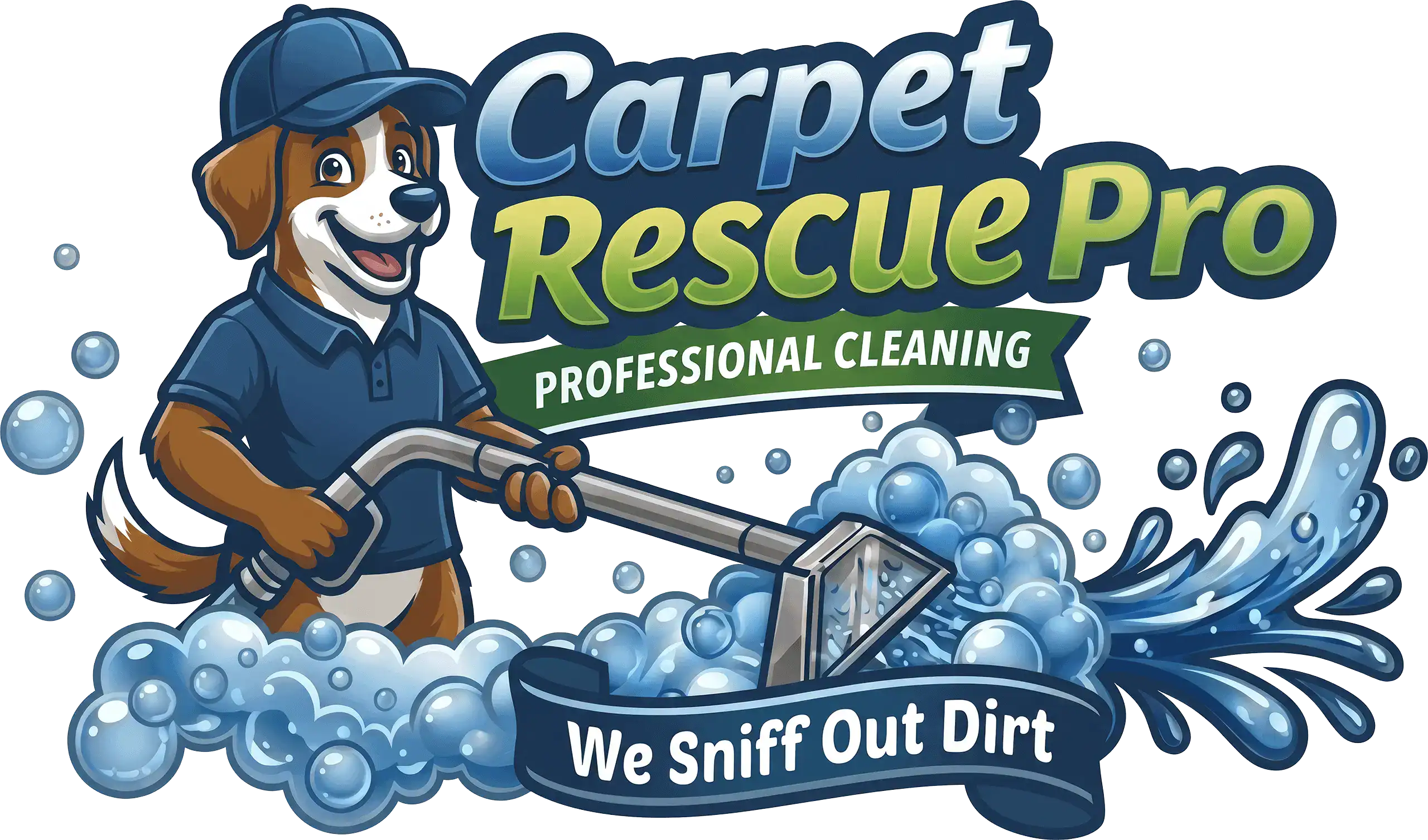 Carpet Rescue Pro logo with dog mascot cleaning carpet with bubbles.
