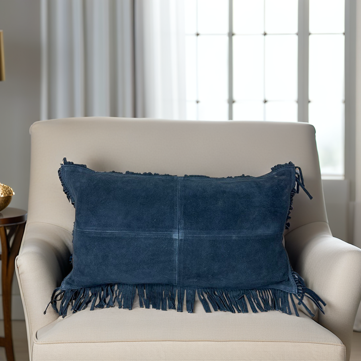 Fringe Navy Suede Lumbar Pillow