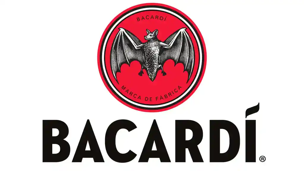 Bacardi bat logo with red circle and black bat silhouette.