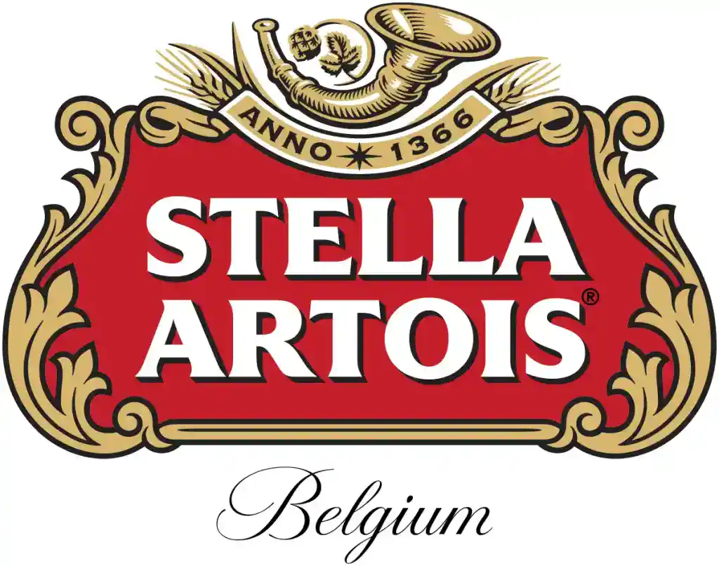 Stella Artois beer logo with a red background and gold accents, featuring a horn and "Belgium" text.