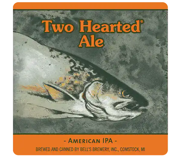 Close-up of Two Hearted Ale beer can with fish illustration and branding.