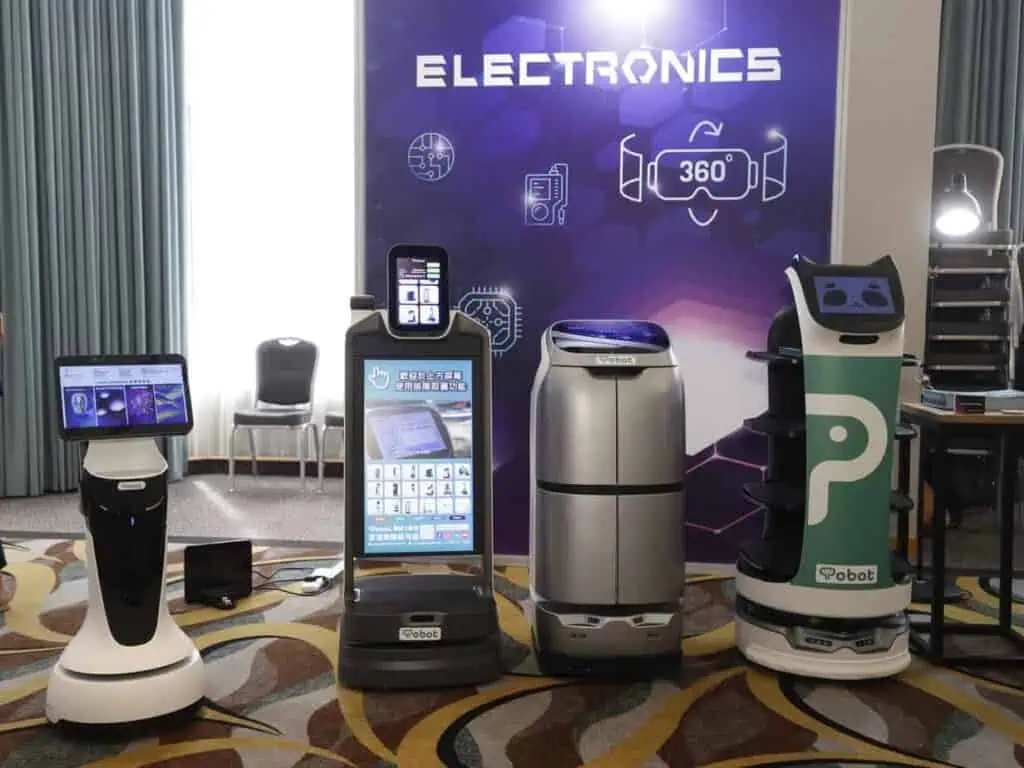 The robots from Electronics Fair exhibitor Tobot Solution Limited provides reception and delivery services.