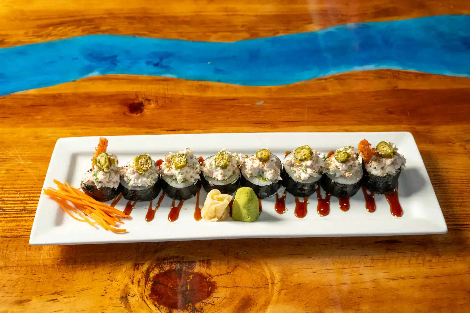 Sushi platter from Mi Lindo San Blas with wasabi and garnishes.