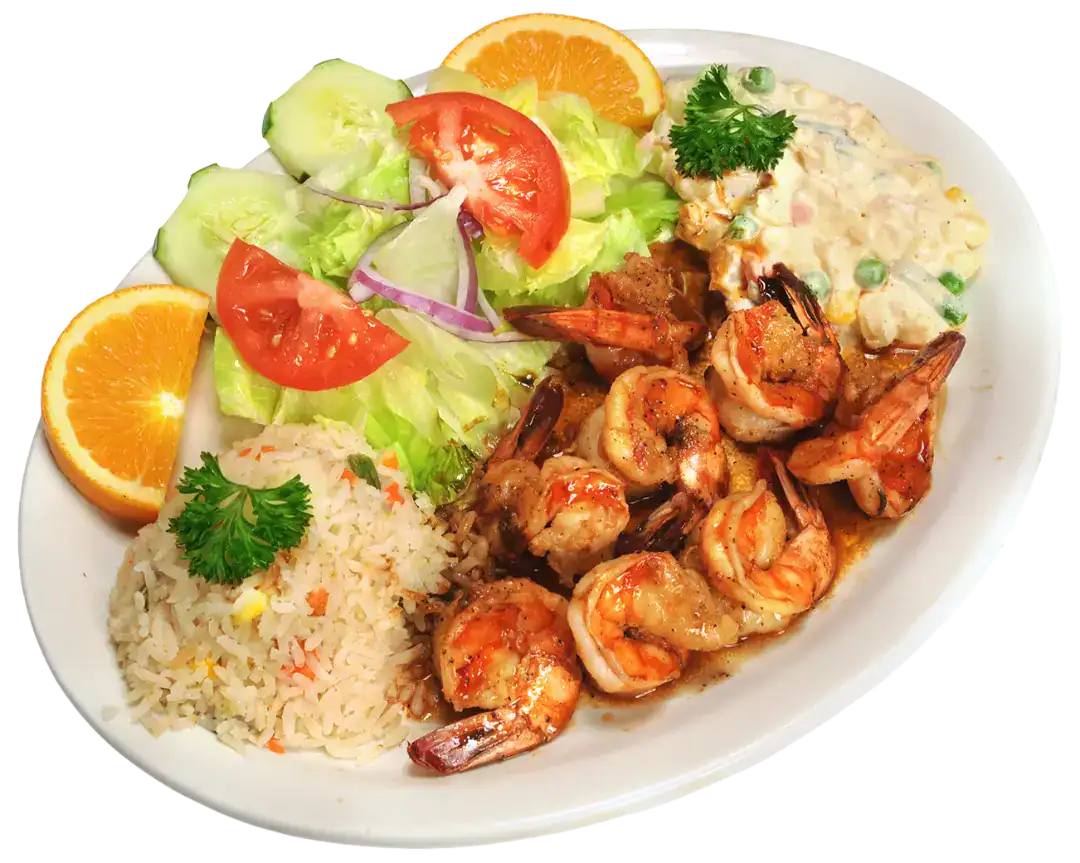 Grilled shrimp with rice, salad, and orange slices on a white plate.