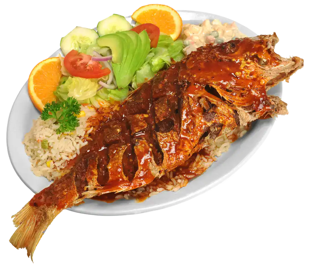 Huachinango a la Diabla served with rice and fresh salad on a white plate.
