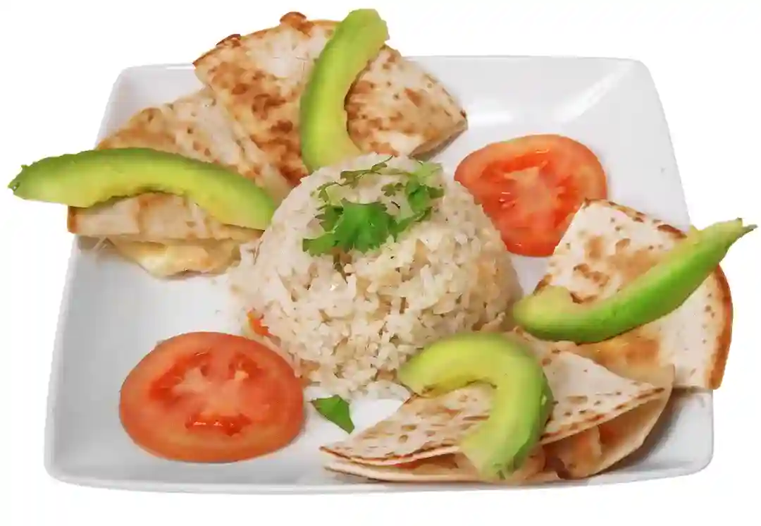 Delicious shrimp quesadillas served with rice, tomato, and avocado slices.