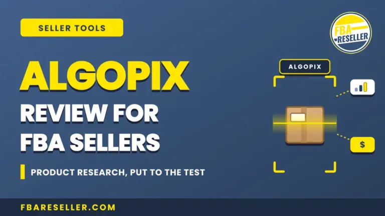 Algopix Review for FBA Sellers banner, featuring icons of a package, chart, and dollar sign on a blue background; includes text about product research to help sellers make informed decisions.