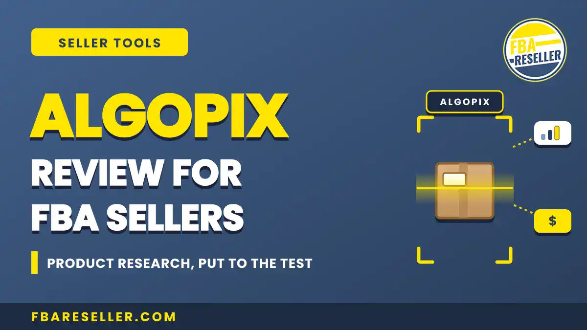Algopix Review for FBA Sellers banner, featuring icons of a package, chart, and dollar sign on a blue background; includes text about product research to help sellers make informed decisions.