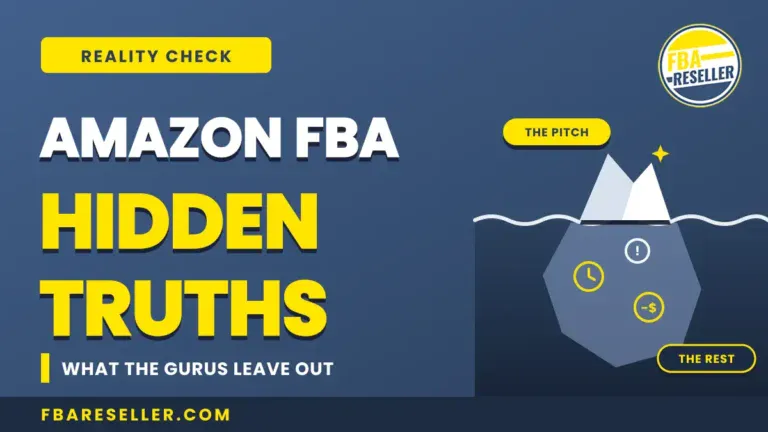 Graphic with iceberg illustration and text: "Amazon FBA Hidden Truths: What the gurus leave out." FBA Reseller logo and website, icons showing warning, money, and information symbols below water—hinting at amazon seller problems like unexpected amazon fba fees and even fba account suspension.