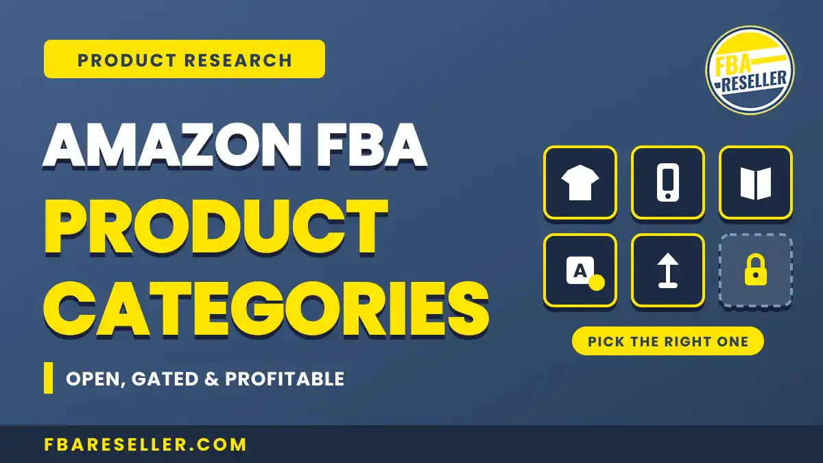 Amazon FBA product categories infographic with icons, highlighting open, gated, and profitable categories—including emerging profitable Amazon FBA niches 2025 such as sustainable products and smart home items—for research and selection.