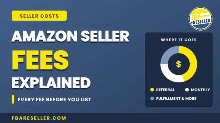 Infographic titled "Amazon Seller Fees Explained" with a pie chart showing fee distribution among referral, monthly, and fulfillment fees, clearly illustrating how Amazon seller fees are allocated; the website fbareseller.com appears at the bottom.