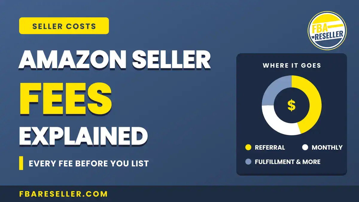 Infographic titled "Amazon Seller Fees Explained" with a pie chart showing fee distribution among referral, monthly, and fulfillment fees, clearly illustrating how Amazon seller fees are allocated; the website fbareseller.com appears at the bottom.