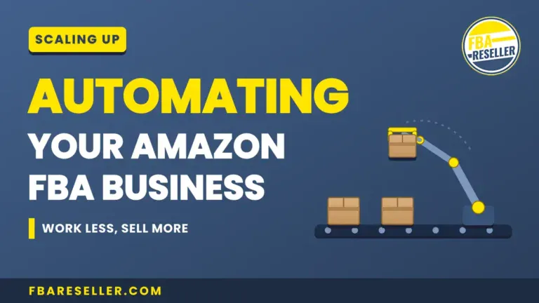 Blue graphic with text "Automating Your Amazon FBA Business. Work less, sell more." Features boxes on a conveyor belt and the FBA Reseller logo, highlighting the power of inventory management automation for streamlined operations.
