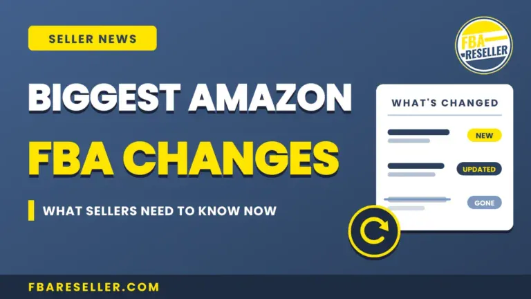 Graphic with text: "Biggest Amazon FBA Changes – What sellers need to know now" alongside an illustrated paper showing status changes labeled "New," "Updated," and "Gone." Perfect for highlighting upcoming changes Amazon FBA 2025 sellers should prepare for, this graphic helps you stay ahead of critical Amazon FBA policy changes 2025.