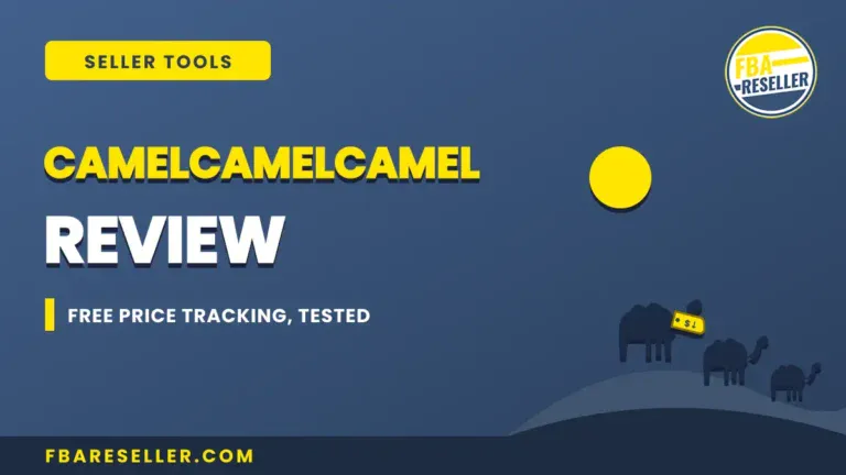 A graphic with text reading "CamelCamelCamel Review: Free price tracking, tested" and FBA Reseller branding on a blue background with camel silhouettes and a yellow circle—perfect for highlighting features like Amazon price alerts in your CamelCamelCamel review.