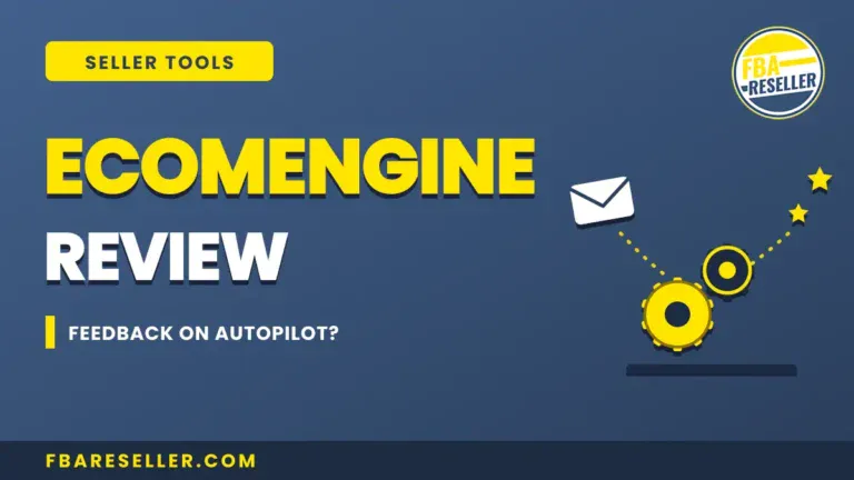 Image with the text "ECOMENGINE REVIEW - Feedback on autopilot?" featuring gear, envelope, and star icons alongside an FBA Reseller logo. Perfect for showcasing top Amazon seller tools or FBA seller software. Website: fbareseller.com.