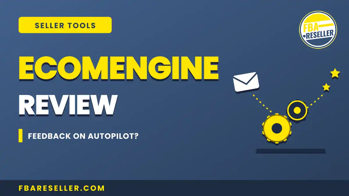 Image with the text "ECOMENGINE REVIEW - Feedback on autopilot?" featuring gear, envelope, and star icons alongside an FBA Reseller logo. Perfect for showcasing top Amazon seller tools or FBA seller software. Website: fbareseller.com.